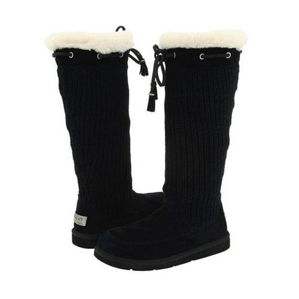 UGG Women's Black Suburb Crochet‎ Knit 5124 Fur Mid-Calf Winter Snow Boot Size 9